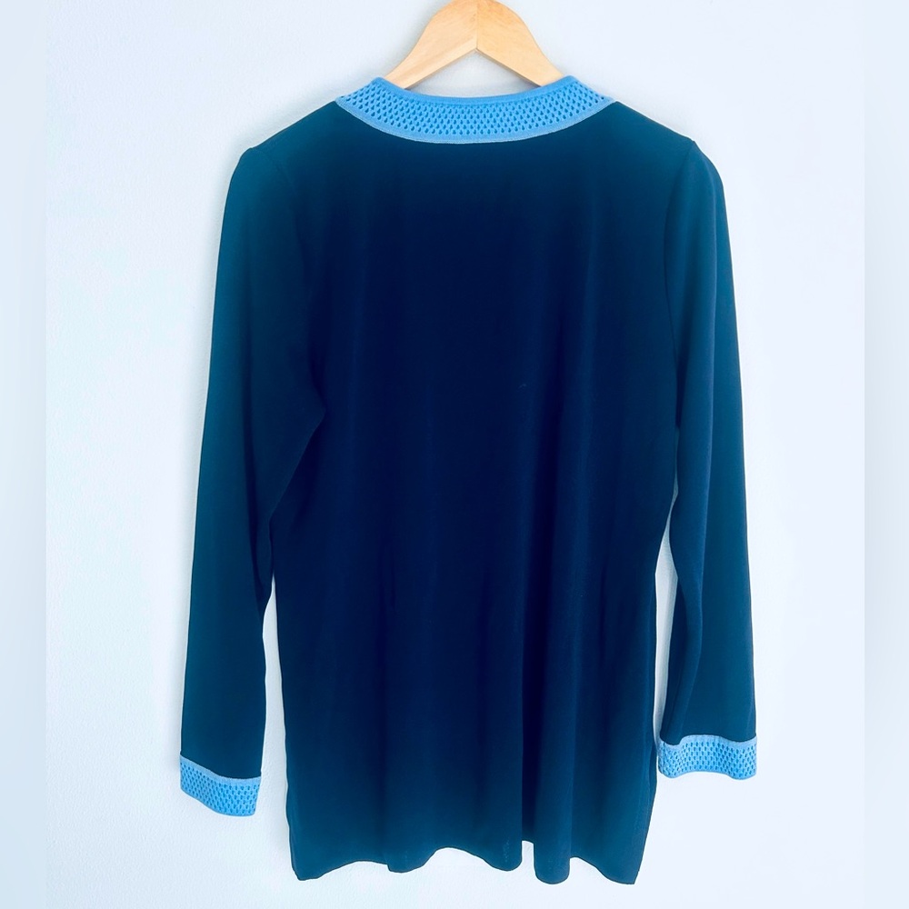 Misook Knit Navy Blue With Light Blue Trim Tunic Long Sleeve Top Size Large - Picture 2 of 7